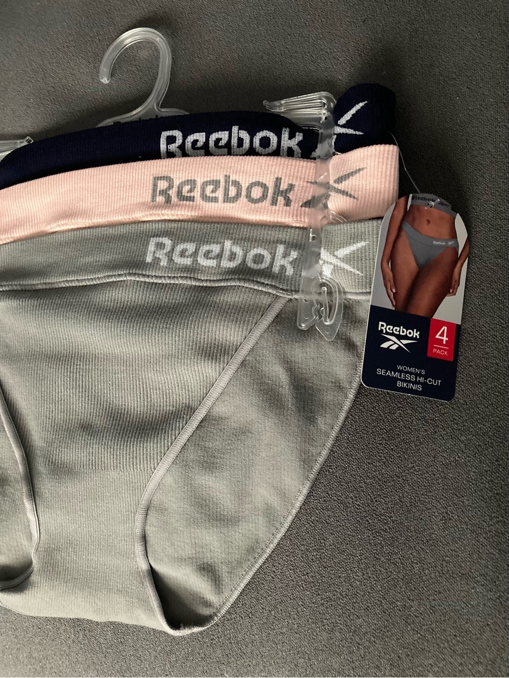 Reebok Logo Women's Seamless Hi-Cut Bikini Underwear 3 Pack in Navy, Pink, Gray